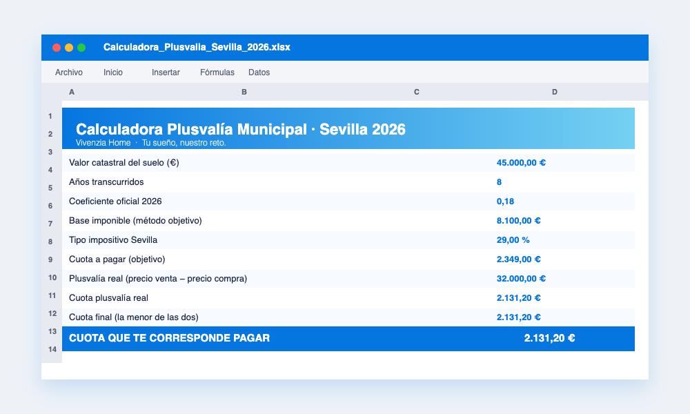 Mockup Excel calculadora Plusvalía Municipal Sevilla 2026 Vivenzia Home